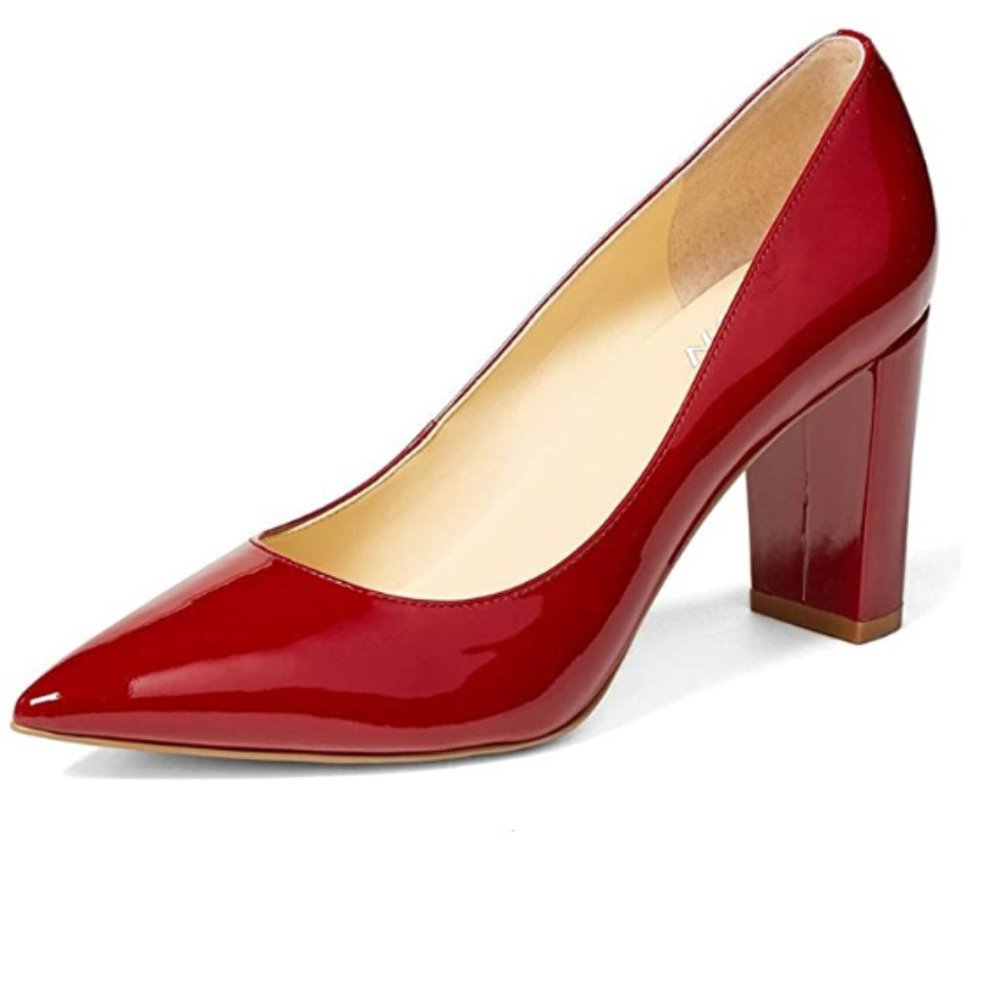 YDN Red Pointed Toe Chunky High Heel Pumps